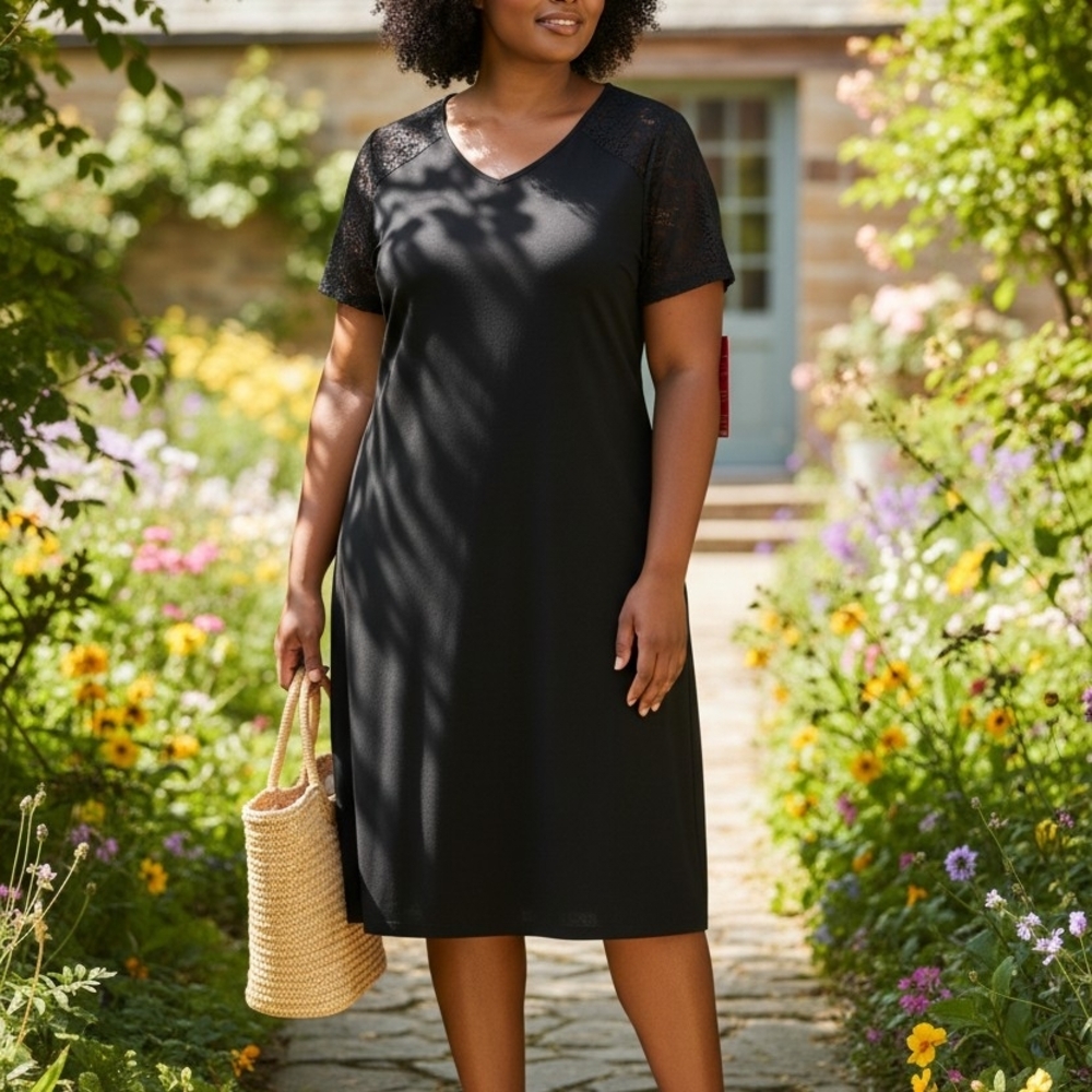 Panache Black V‑Neck Lace Sleeve Midi Dress
